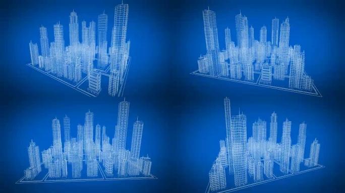 当代建筑的美丽旋转蓝图。蓝色。建设和技术概念。循环3d动画。