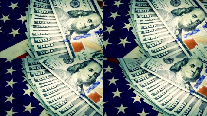 美国国旗上的百美元钞票。