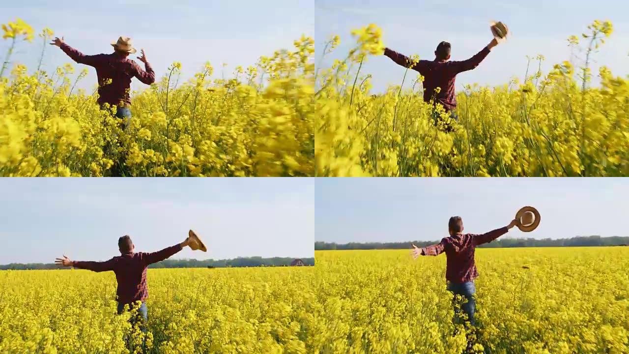 精力充沛的农民在阳光下奔跑，黄色的田园菜地，慢镜头