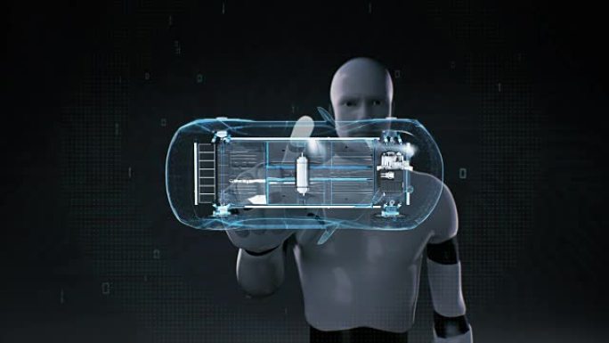 机器人，机器人触摸电子离子电池回声车。给汽车电池充电。电池电量检查，未来的汽车。顶部视图1。4k电影