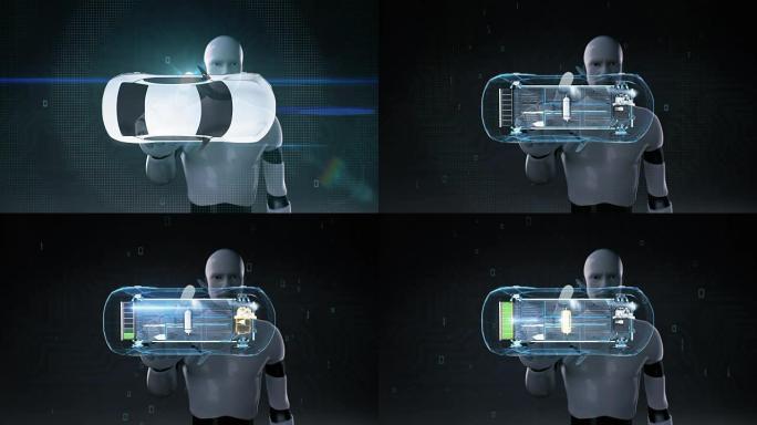 机器人，机器人触摸电子离子电池回声车。给汽车电池充电。电池电量检查，未来的汽车。顶部视图1。4k电影