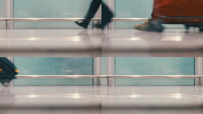 走在现代走廊上的旅行者