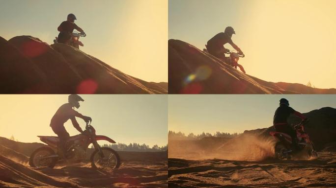 专业摩托车越野赛摩托车骑手驾驶越过沙丘和更远的越野轨道。这是日落。