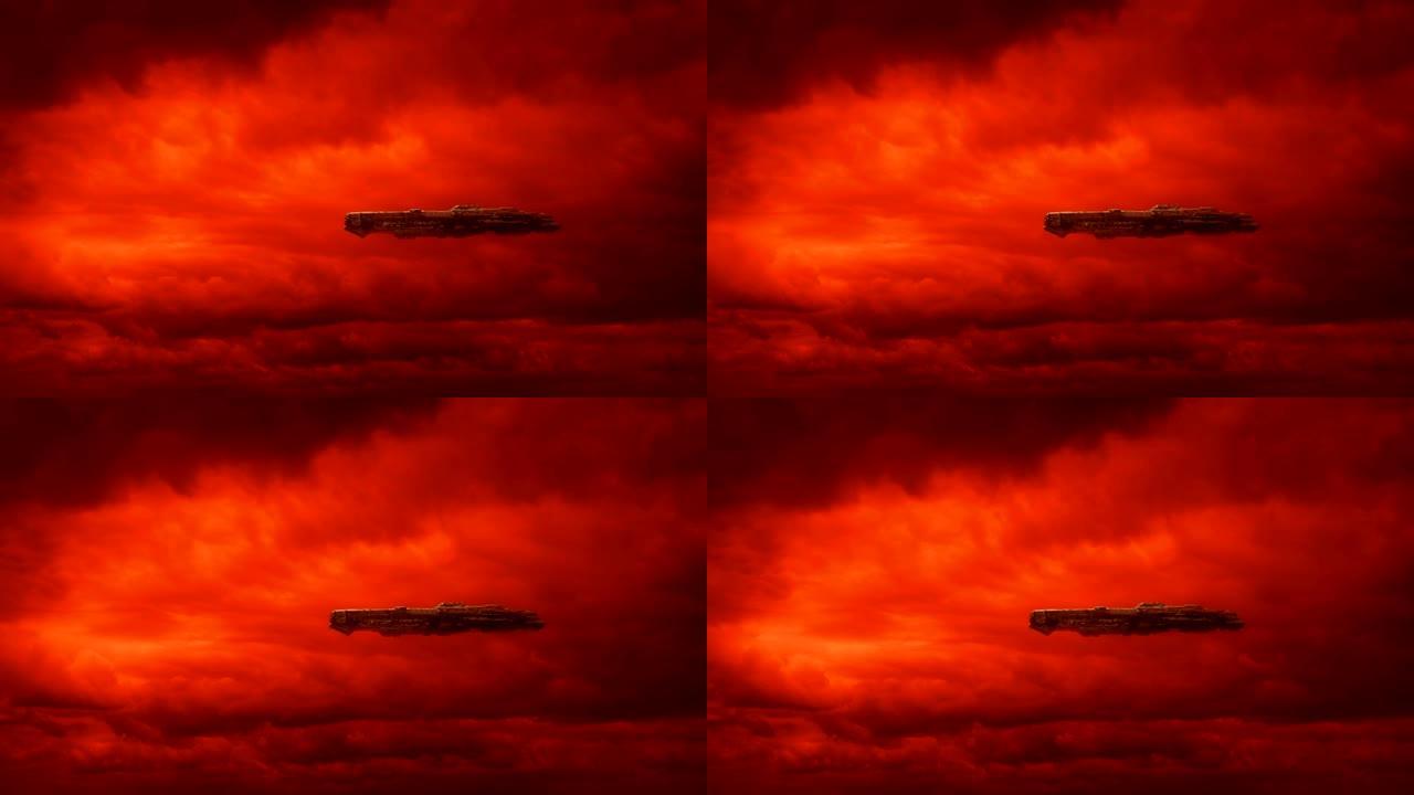 在红色星球上闪电风暴中的大型宇宙飞船