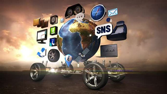 拆解汽车，汽车信息娱乐系统，网络。汽车连接互联网，社交媒体服务。未来汽车技术。日落。