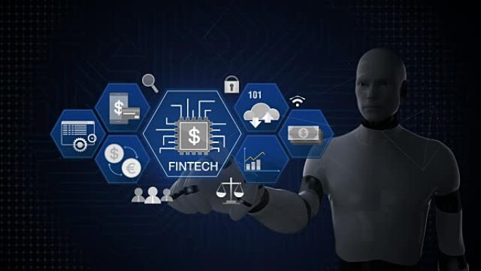 机器人，机器人触摸Fin-tech图标和各种图形。未来的金融技术。4k电影。2.
