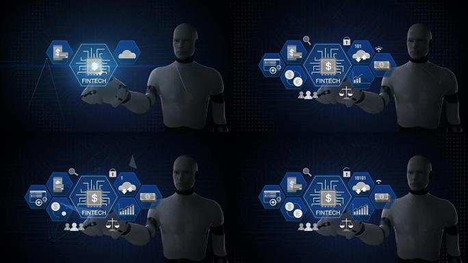机器人，机器人触摸Fin-tech图标和各种图形。未来的金融技术。4k电影。2.