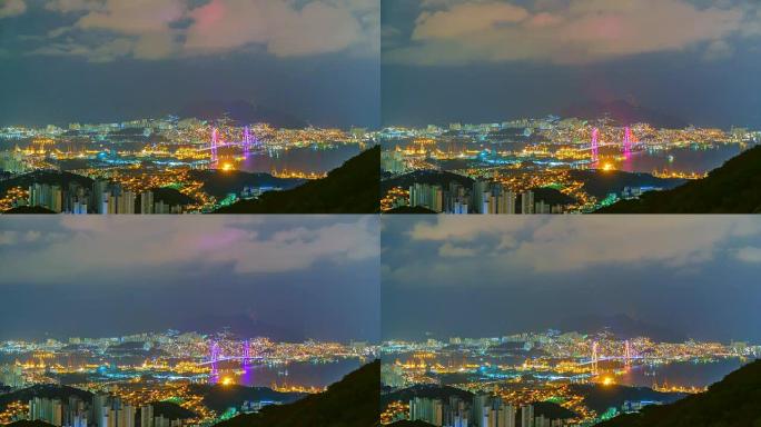 4K，带韩国桥梁的釜山夜间延时视图