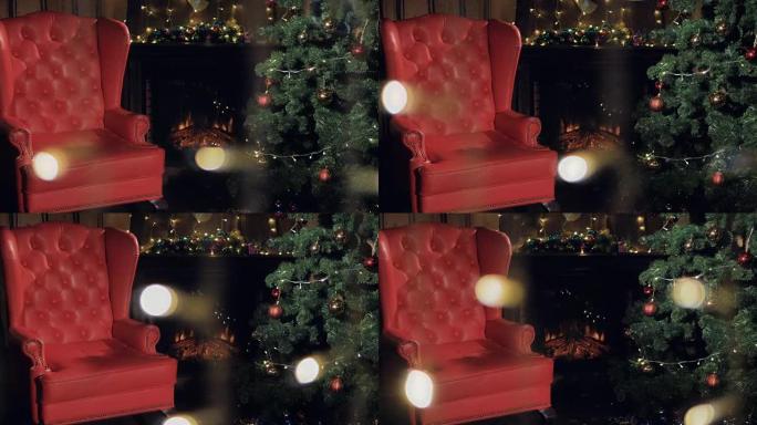 圣诞壁炉。圣诞树附近的圣诞老人椅子。4K。