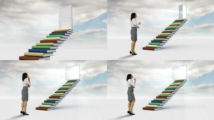 女商人在多云的天空中看着用书制成的楼梯