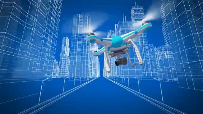 美丽的四轴飞行器拍摄了一段视频，在高塔和建筑物之间飞越城市街道。循环3d动画。商业和技术概念