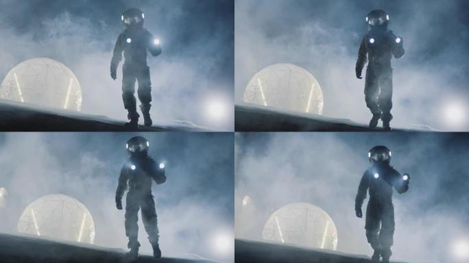 勇敢的宇航员穿着太空服拿着手电筒探索迷雾中的外星球。在背景生活的栖息地。太空旅行，宜居世界和殖民概念