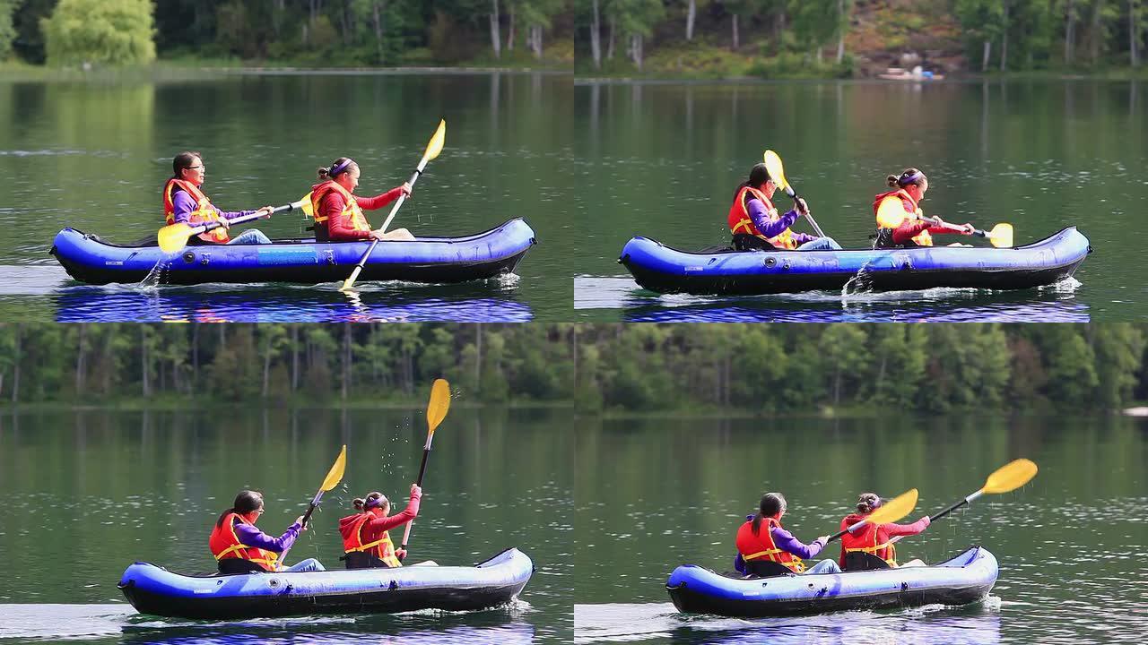 女孩在湖中划独木舟