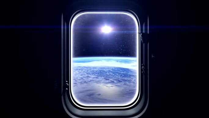 宇宙飞船窗户里的太阳。从太空看。地球上空的日出。太空、地球、轨道、国际空间站、美国国家航空航天局