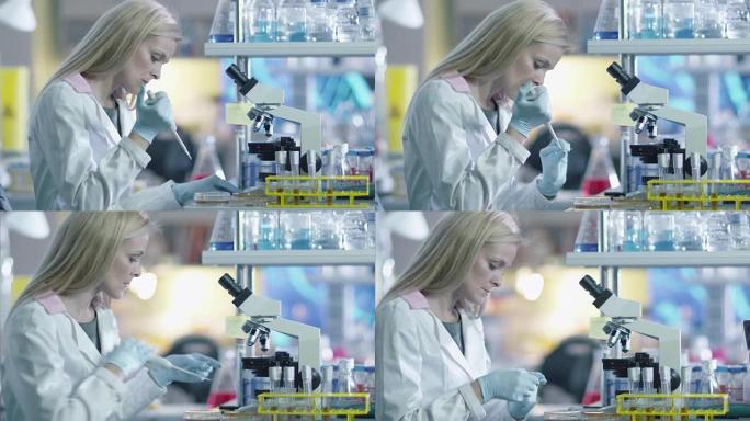 金发碧眼的女科学家正在准备一个显微镜样本，以便在实验室中进行测试。