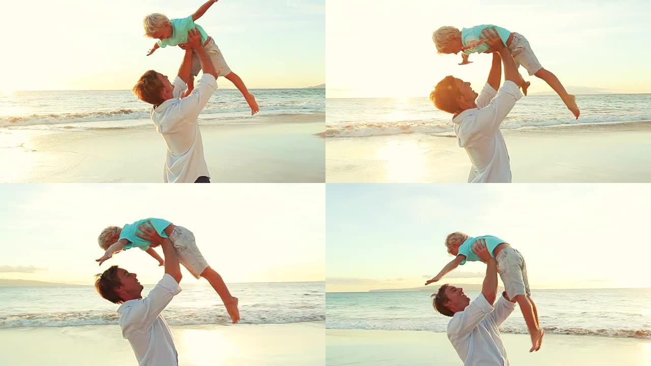 日落时，父亲和孩子一起在海滩玩耍。