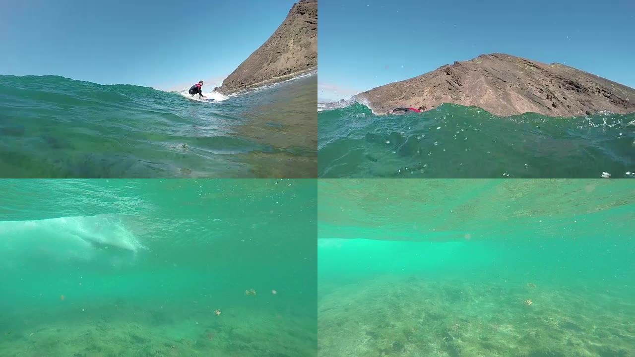 慢动作: 冲浪者骑着大浪，水面下的摄像机