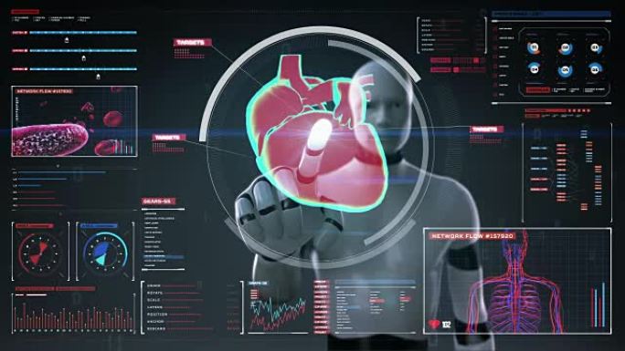 机器人触摸数字屏幕，扫描心脏。人体心血管系统。