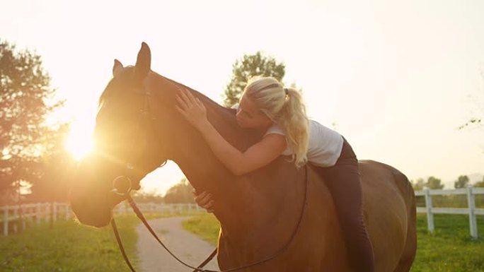 特写: 美丽的金发女孩在日落时光着背骑马抚摸她的马