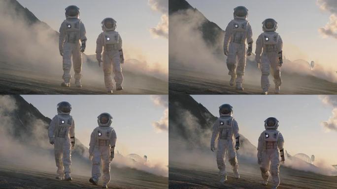 两名宇航员穿着宇航服在外星星球上自信地行走，探索探险在覆盖着岩石、气体和烟雾的星球表面。人类克服困难