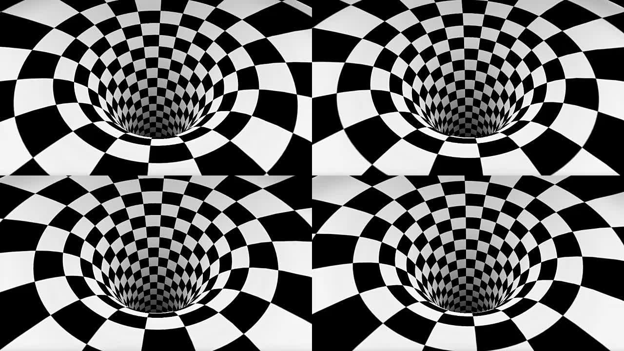 循环动画方形虫洞，黑白正方形。催眠动画，