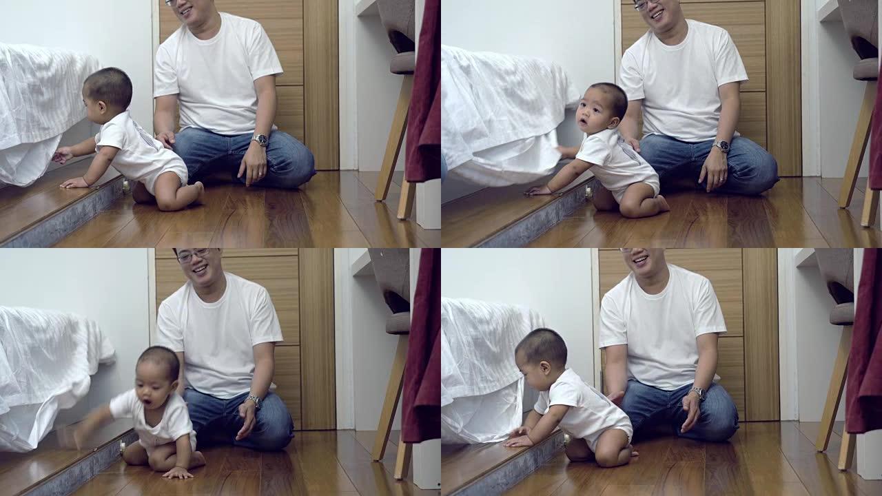4k的镜头，亚洲顽皮的孩子在现代阁楼房子的房间里拉着床罩和顽固的父亲，家庭和生活方式的概念