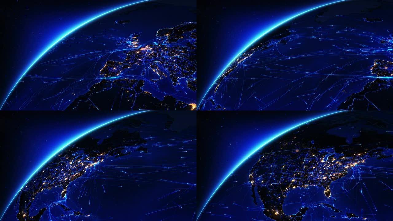 围绕地球移动的明亮连接。带有城市灯光的美国/欧洲。