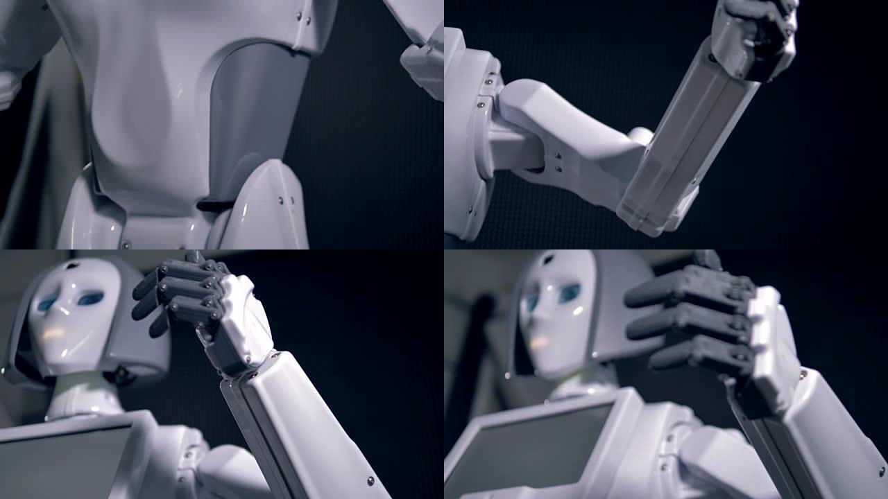 一个低视野的机器人举起手臂。