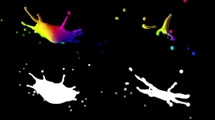 两个彩色水滴碰撞在黑色背景上飞溅的Cg动画。