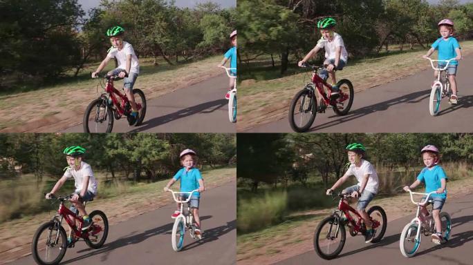 4k快乐儿童在居民区骑自行车