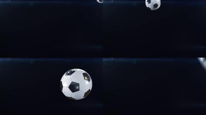 一套6个视频。美丽的足球在黑色的慢动作中射击，并带有照明弹。飞球的足球3d动画。