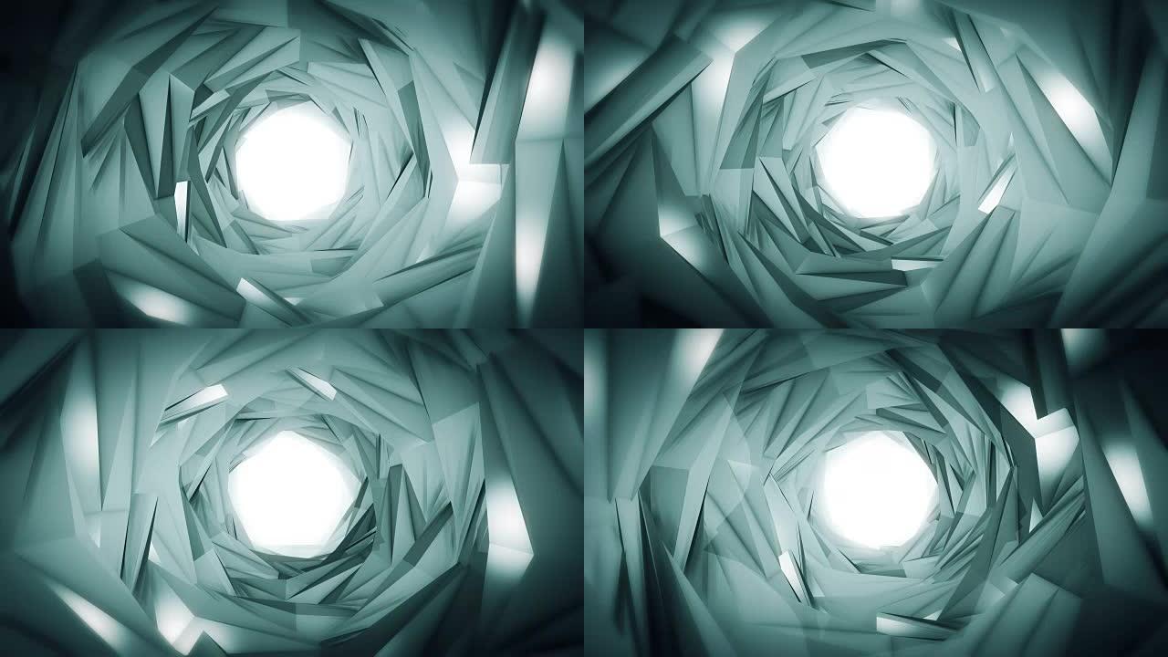 抽象技术隧道。银色金属constructiton带有反射的尖角相机旋转并向白光前进。项目的动态背景