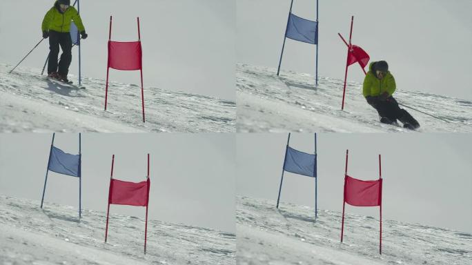 慢动作:障碍滑雪者在大门之间滑雪