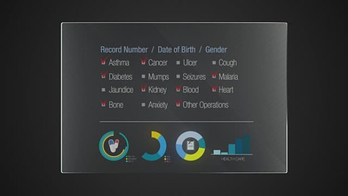 信息图形技术面板 “健康记录” 用户界面数字显示。