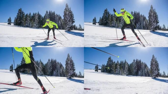 越野滑雪者全动力滑冰鞋在阳光明媚的冬日上坡滑雪