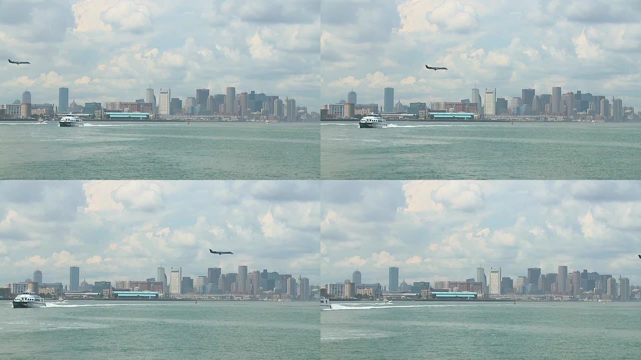高清: 波士顿海边城市飞机香螺游艇驶过