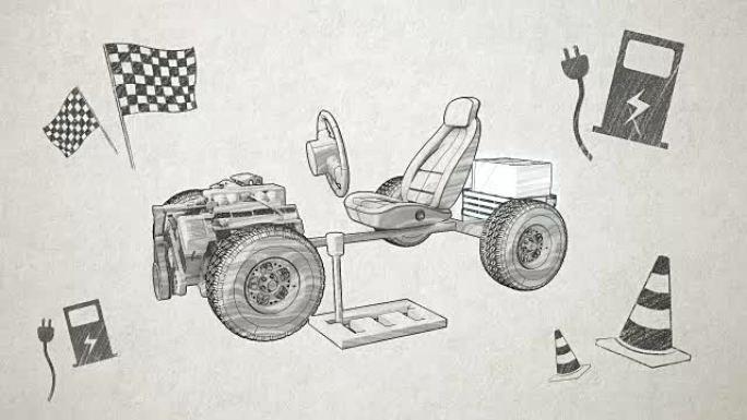 混合动力汽车、电子、氢、锂离子电池汽车。草图图像。