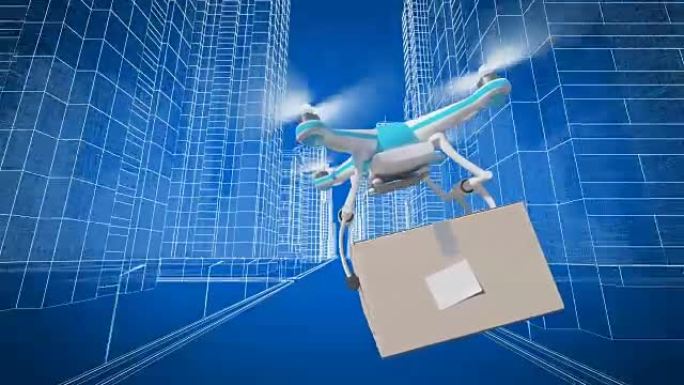 四轴飞行器运送包裹在高塔和建筑物之间的城市街道上飞行。循环3d动画蓝色。交通和技术概念。