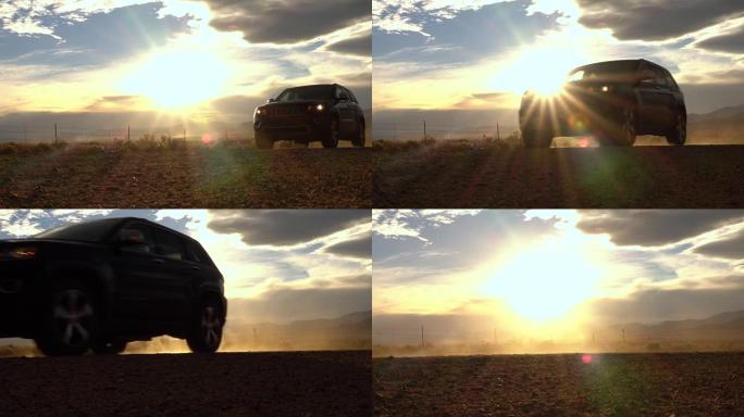 慢动作特写黑色SUV吉普车在阳光明媚的夜晚在夕阳下行驶