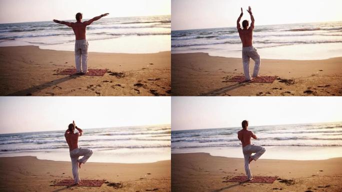 日落时站在海边的瑜伽姿势