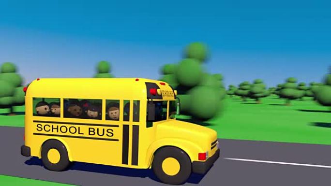 校车去上学。公共汽车载着孩子上学。