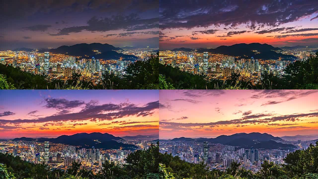 4K.韩国釜山市城市景观的延时鸟瞰图