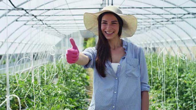 肖像美丽的女孩戴着草帽，戴着橡胶粉色手套，微笑着，在温室里。概念: 生物产品，天然产品，新鲜，美味，