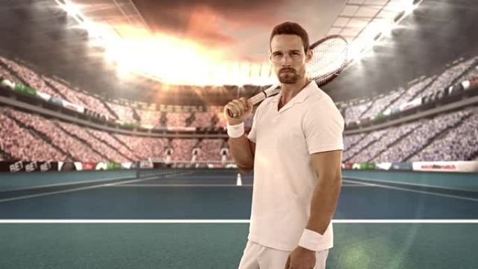 网球运动员站在网球场上的球拍肖像