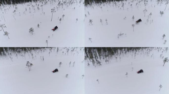 特写: 游客在森林茂密的山上积雪的树木之间驾驶雪地摩托