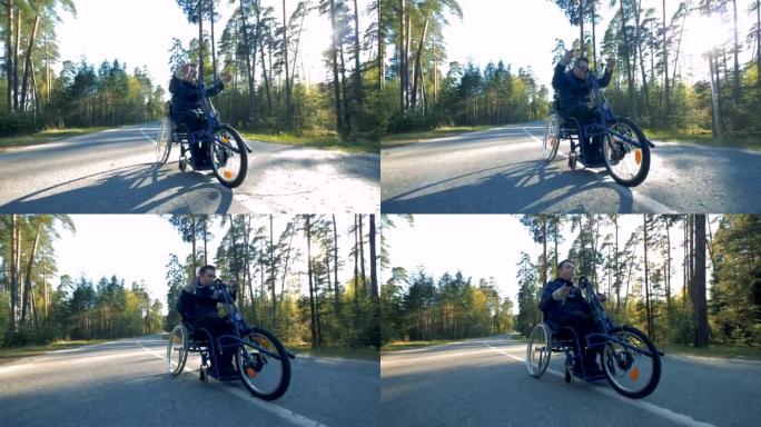 一名男子为残疾人骑了一辆特殊的自行车。