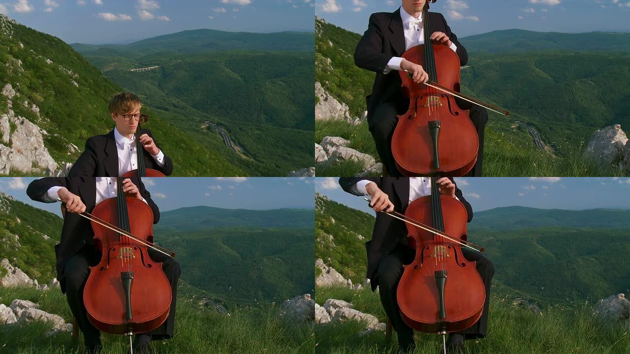 高清起重机: 男人在户外演奏大提琴