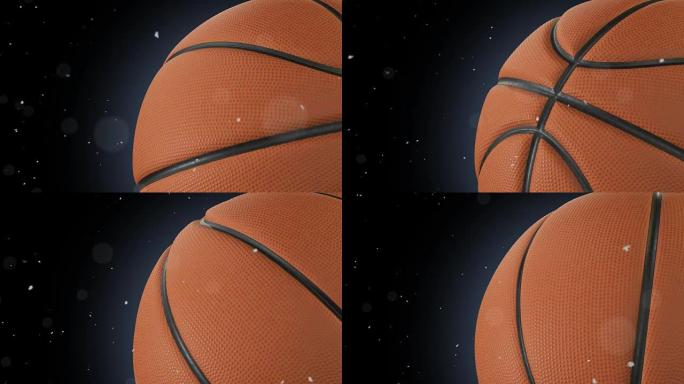 美丽的篮球旋转特写镜头在黑色上慢动作，尘埃颗粒飞扬。回环篮球3d动画的转球。4k UHD 3840x