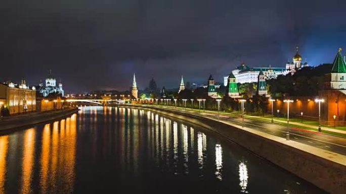 历史中心莫斯科中心与河流，克里姆林宫和交通的延时视图