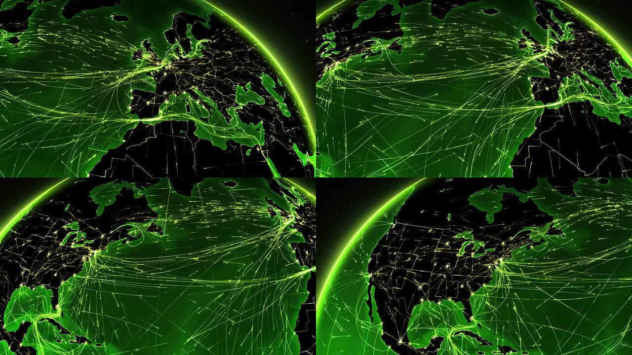 地球连接。欧洲-北美。空中、海上、地面路线/国家边界。